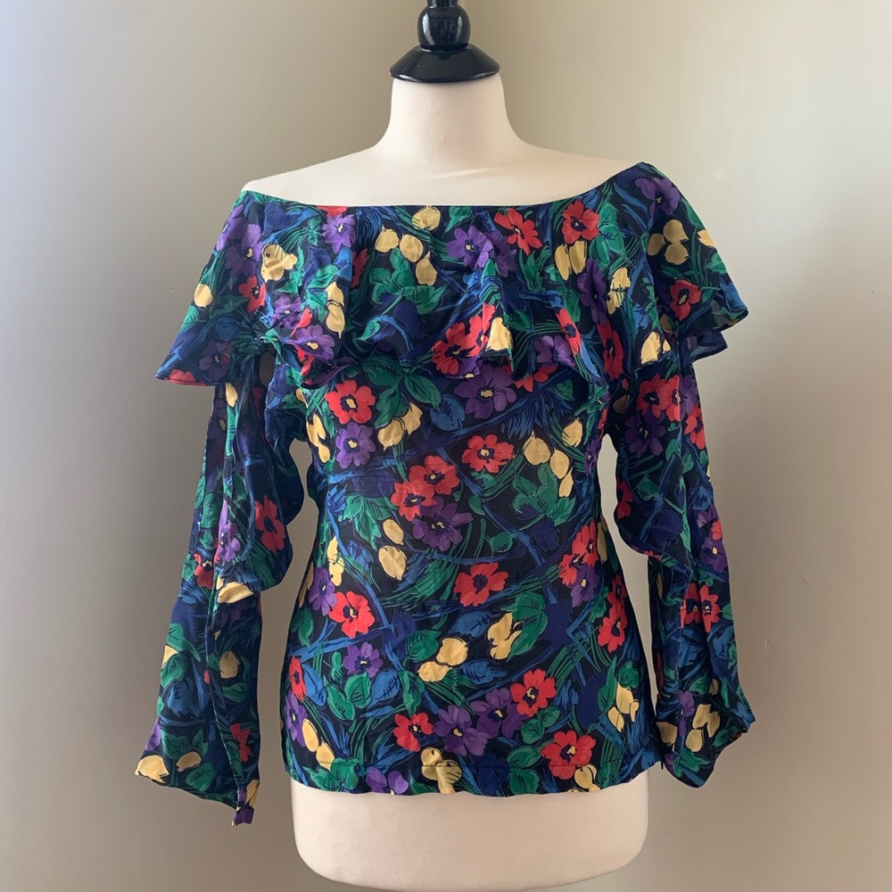 VTG Norma Kamali Floral Off the Shoulder Dolman Sleeve Top Small